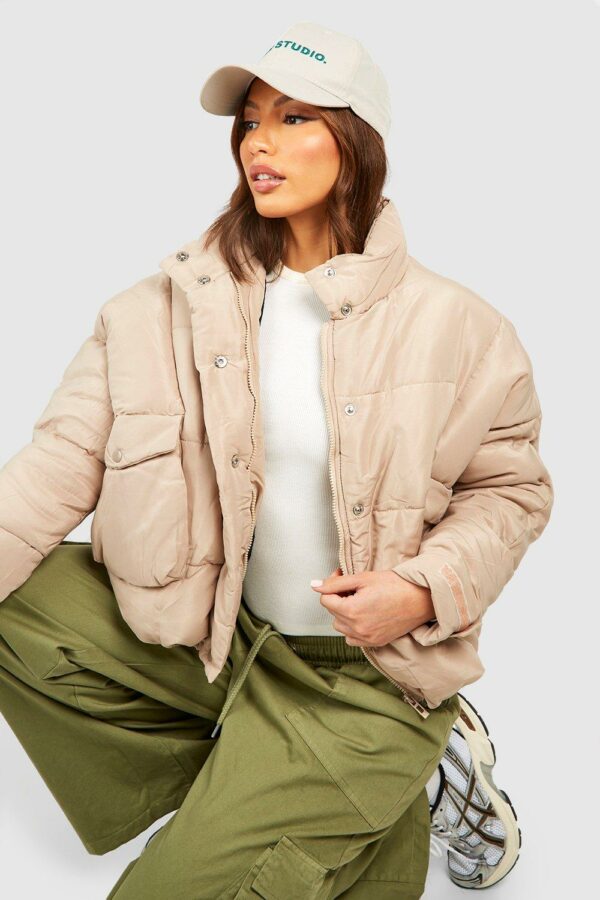 Womens Tall Padded Oversized Cropped Puffer Jacket - Beige - 10, Beige