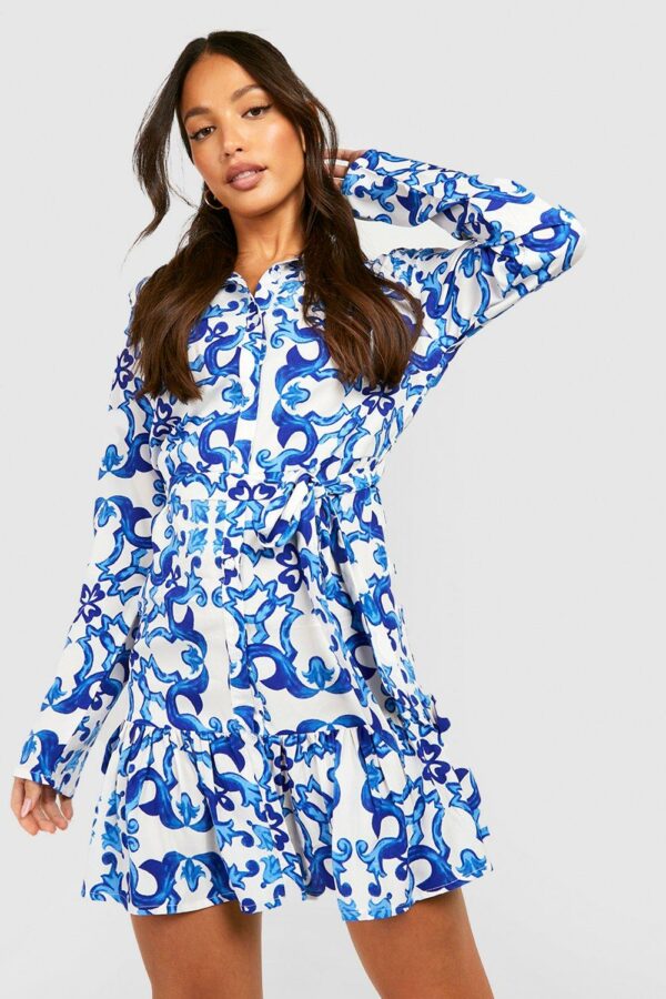 Womens Tall Scarf Print Skater Shirt Dress - Blue - 12, Blue