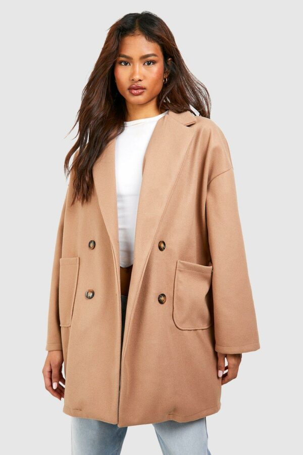 Womens Tall Wool Look Oversized Pocket Coat - Beige - 8, Beige