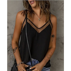 Women's Tank Top Camisole Going Out Tops Summer Tops Patchwork Holiday Weekend Vintage Streetwear Casual Sleeveless V Neck Black