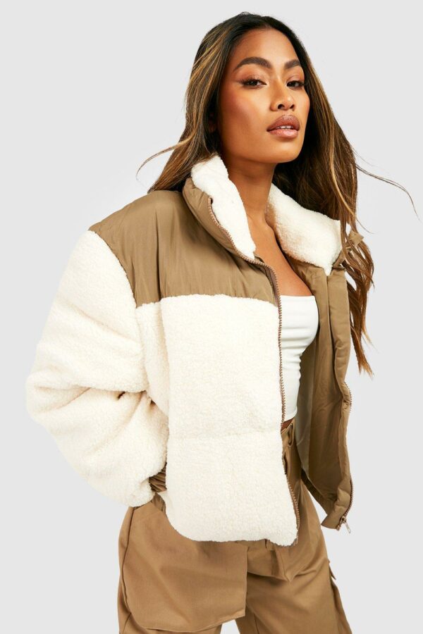 Womens Teddy Faux Fur Panelled Puffer Jacket - White - 10, White