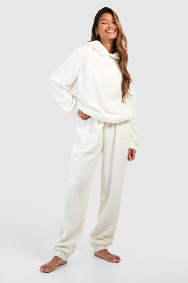 Womens Teddy Fleece Loungewear Hoodie And Jogger Set - Cream - L, Cream