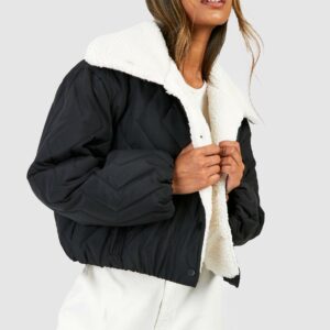 Womens Teddy Trim Quilted Puffer Jacket - Black - 10, Black