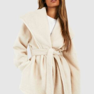 Womens Textured Shawl Collar Belted Longline Wool Look Coat - White - 10, White