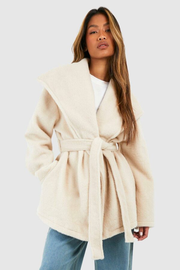 Womens Textured Shawl Collar Belted Longline Wool Look Coat - White - 10, White