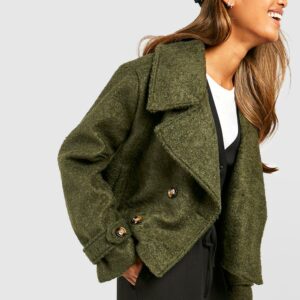 Womens Textured Wool Look Crop Trench Coat - Green - 14, Green