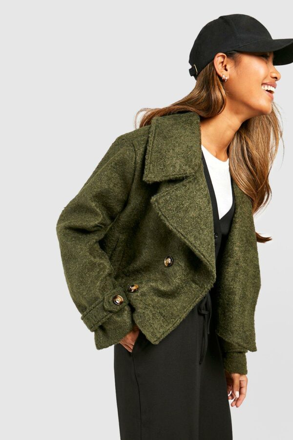 Womens Textured Wool Look Crop Trench Coat - Green - 14, Green