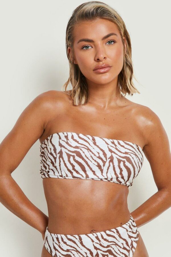 Womens Tiger Print Bandeau Tube Bikini Top - White - 12, White