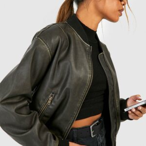 Womens Vintage Look Faux Leather Oversized Cropped Bomber Jacket - Grey - 8, Grey