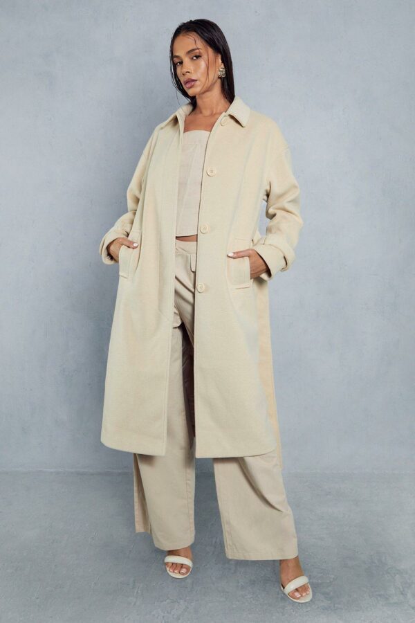 Womens Wool Look Belted Midi Trench Coat - stone - 10, Stone