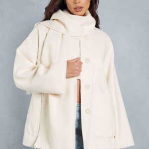 Womens Wool Look Stitch Detail Scarf Coat - stone - 14, Stone