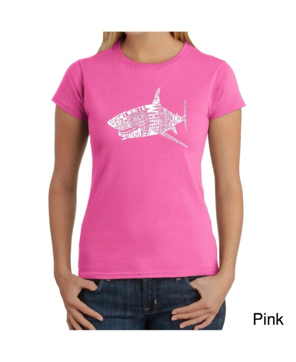 Women's Word Art T-Shirt - Species of Sharks - Pink