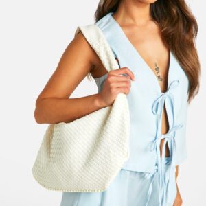 Womens Woven Slouchy Tote Bag - White - One Size, White