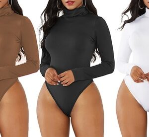 Women'sMock Turtle Neck Long Sleeve Tops Bodysuit Jumpsuit S White Body Shaper