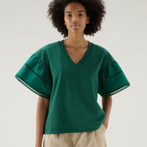 Woolrich Woman Lakeside T-shirt in Pure Cotton with Puff Sleeves Green Size M