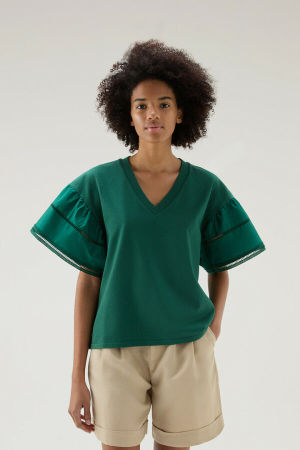 Woolrich Woman Lakeside T-shirt in Pure Cotton with Puff Sleeves Green Size M