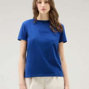 Woolrich Woman Pure Cotton T-Shirt with an Embroidered Logo Blue Size S