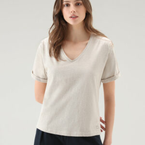 Woolrich Woman T-shirt in Cotton Linen Blend with V-neck Beige Size XXS