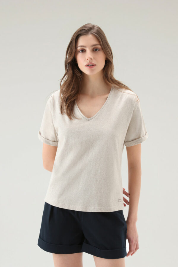 Woolrich Woman T-shirt in Cotton Linen Blend with V-neck Beige Size XXS