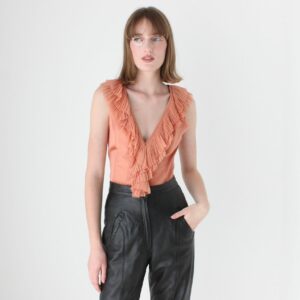 Y2K Designer Catherine Malandrino Pleated Silk Ruffle V Neck Romantic Fitted Pastel Bustier Top