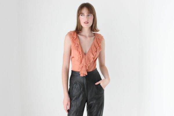 Y2K Designer Catherine Malandrino Pleated Silk Ruffle V Neck Romantic Fitted Pastel Bustier Top