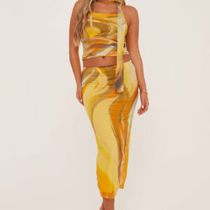 Yellow Abstract Print Bandeau Crop Top & Midi Skirt Co-ord Set - Savannah - Size M/L