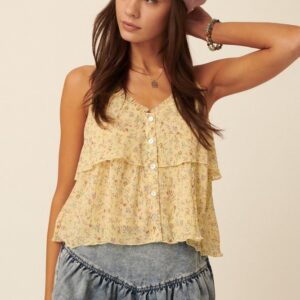 Yellow Floral Sweetheart Flounce Ruffle Camisole Top