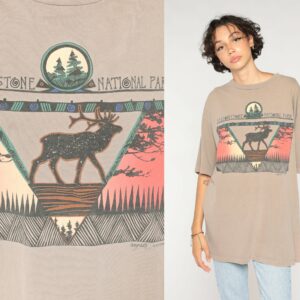 Yellowstone T-Shirt 90S National Park Shirt Celestial Elk Trees Forest Graphic Tee Wyoming Wildlife Animal Tan Vintage 1990S Extra Large Xl