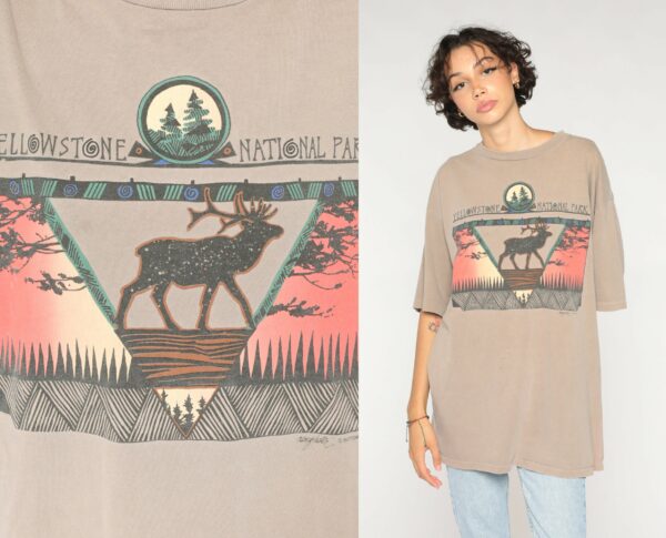 Yellowstone T-Shirt 90S National Park Shirt Celestial Elk Trees Forest Graphic Tee Wyoming Wildlife Animal Tan Vintage 1990S Extra Large Xl