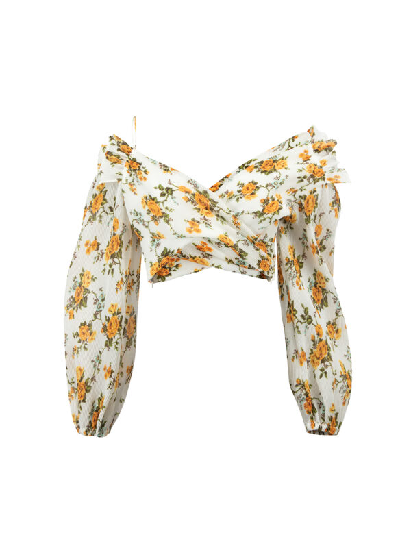 Zimmermann White Floral Print Asymmetric Pleated Crop Top