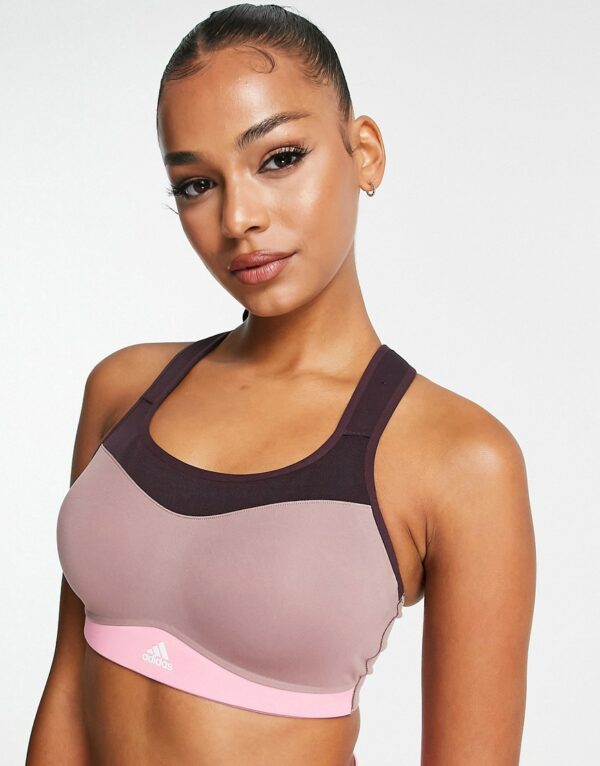 adidas Running Own The Run color block high support sports bra in brown