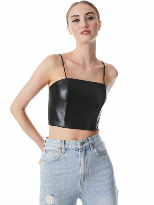 alice + olivia PEARLE VEGAN LEATHER SPAGHETTI STRAP BUSTIER