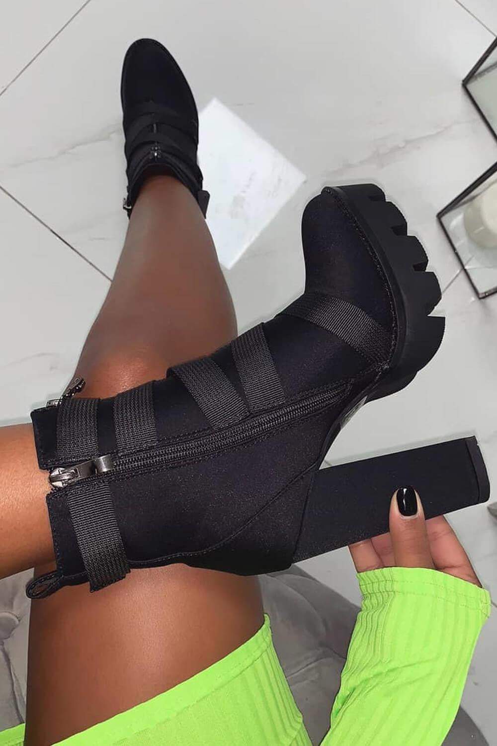 Black Zip Chunky Buckle Platform Ankle Boots -