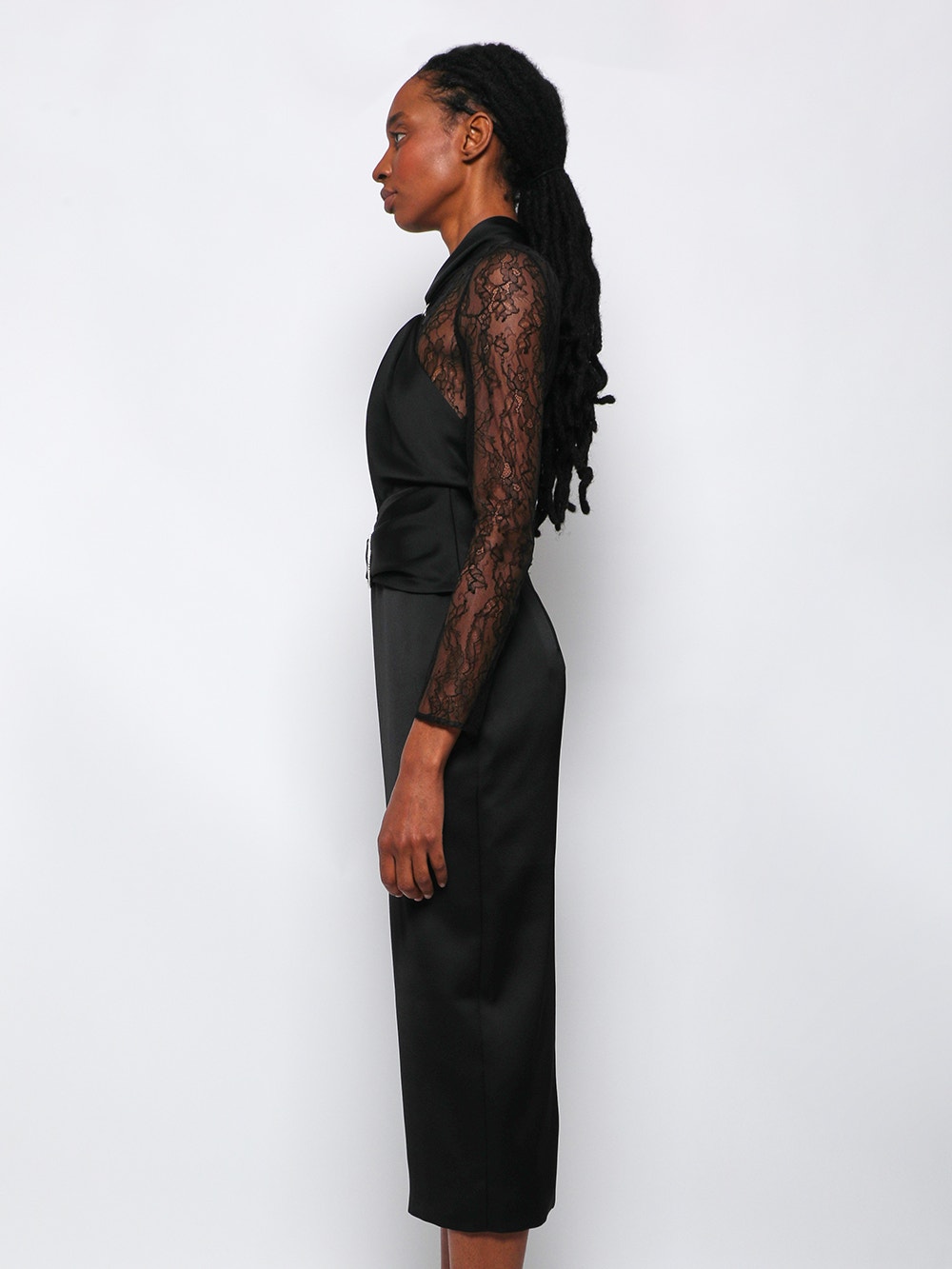 Draped Satin Lace Midi Dress With Buckle And Ring