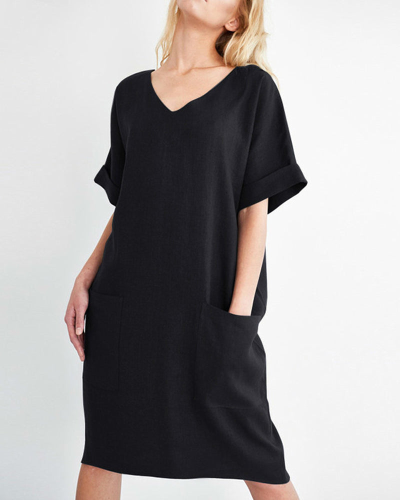 Plus Size Tunic Dress Summer Cotton Linen T Shirt Knee-Length Dresses - Black M