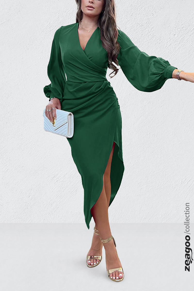 Long Sleeve Wrap Asymmetric Dress - Dark Green