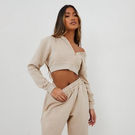 Long Sleeve Oversized Zip Detail Cropped Hoodie In Beige, Women's Size