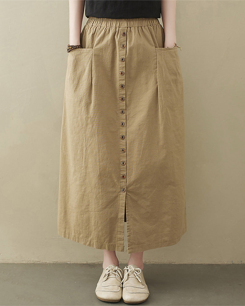 Zeagoo Women's Casual High Waist Flared A-line Skirt Pleated Midi Skirt with Pocket - Khaki