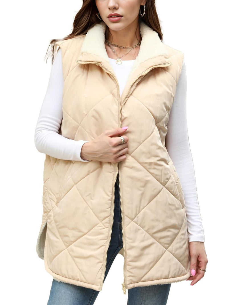Zeagoo Women Fall Reversible Vests Coat Sleeveless Sherpa Fleece Jacket - Light Camel