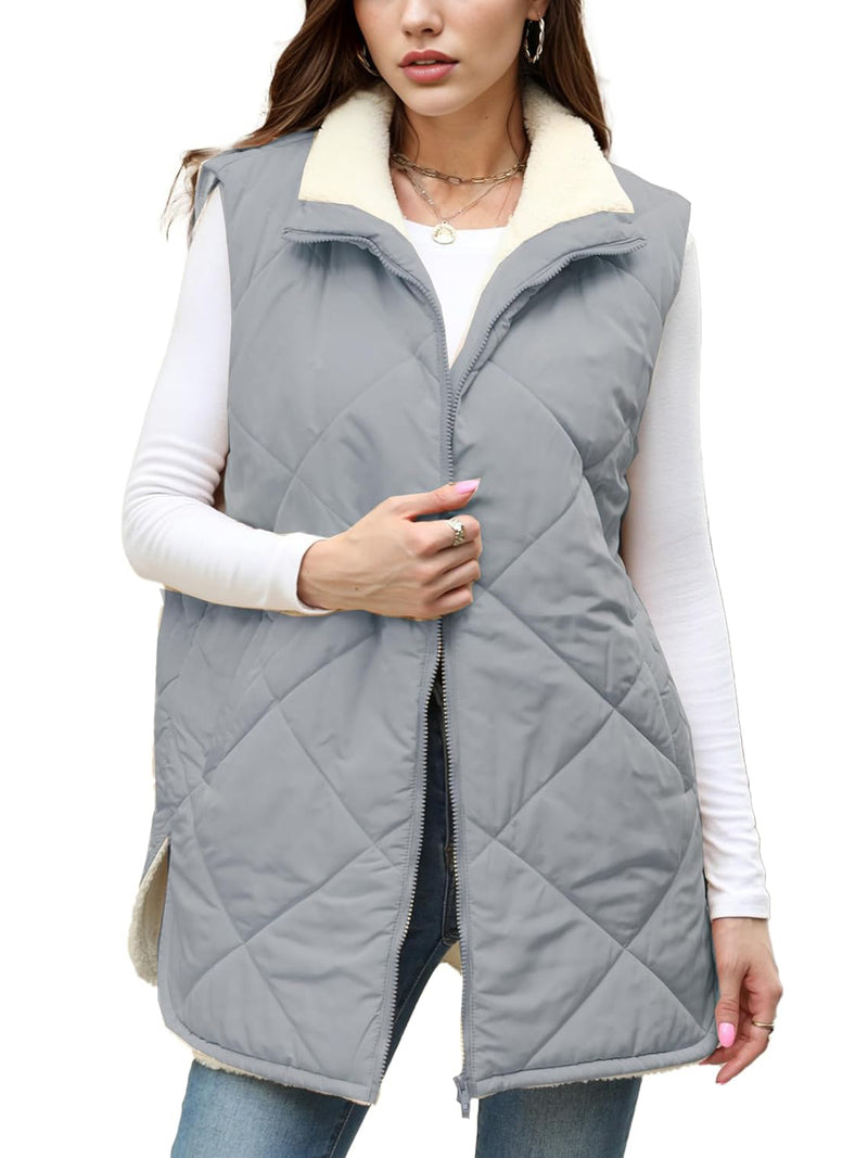 Zeagoo Women Fall Reversible Vests Coat Sleeveless Sherpa Fleece Jacket - Grey