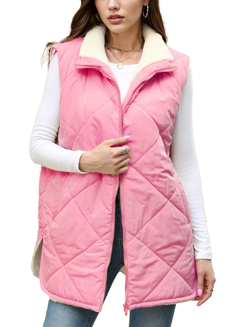 Zeagoo Women Fall Reversible Vests Coat Sleeveless Sherpa Fleece Jacket - Pink