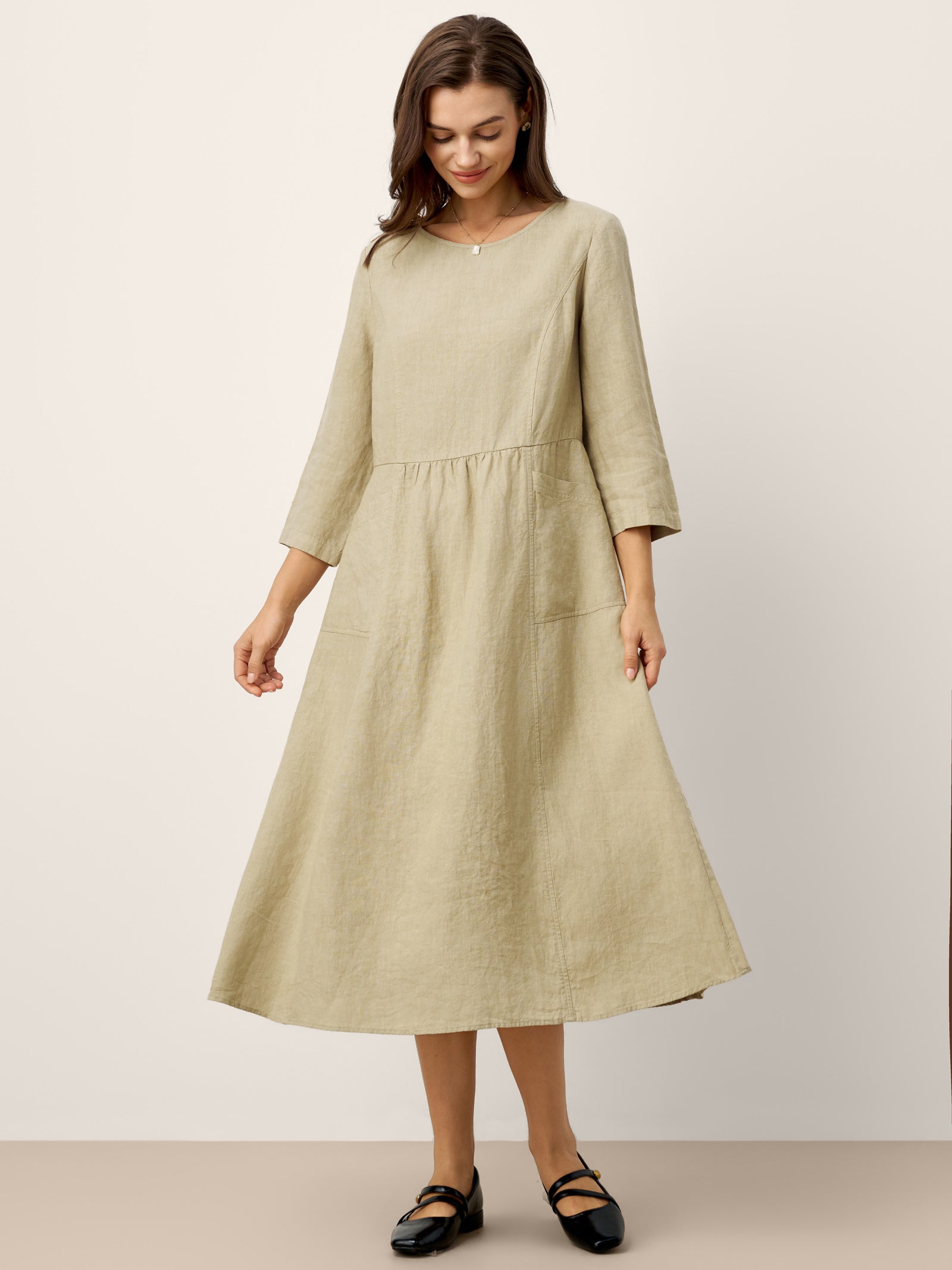 % Linen Shirred Waistline Patch Pocket Maxi Dress MARCELLA