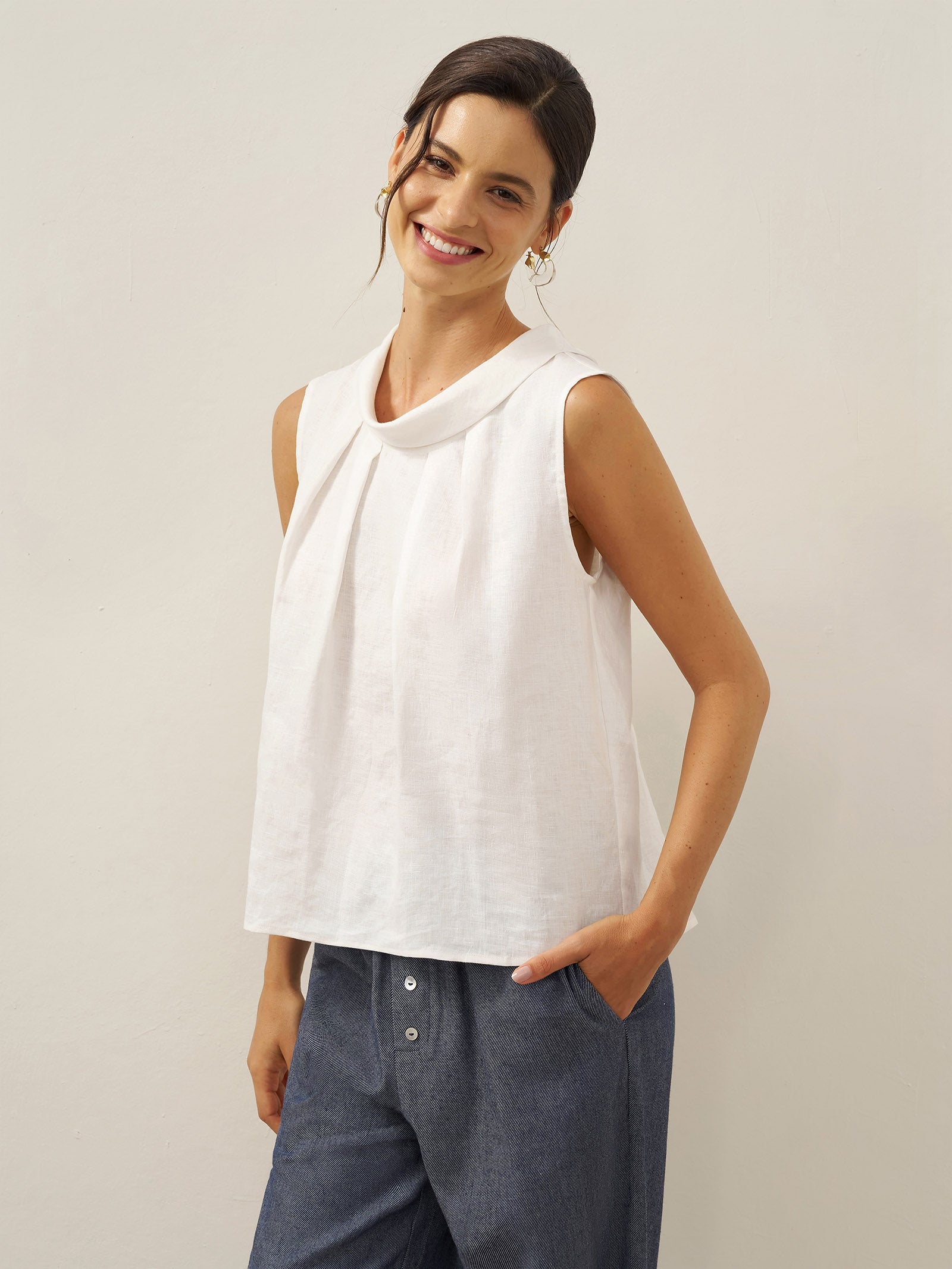 % Linen Structured Collar Sleeveless Blouse BLAIR