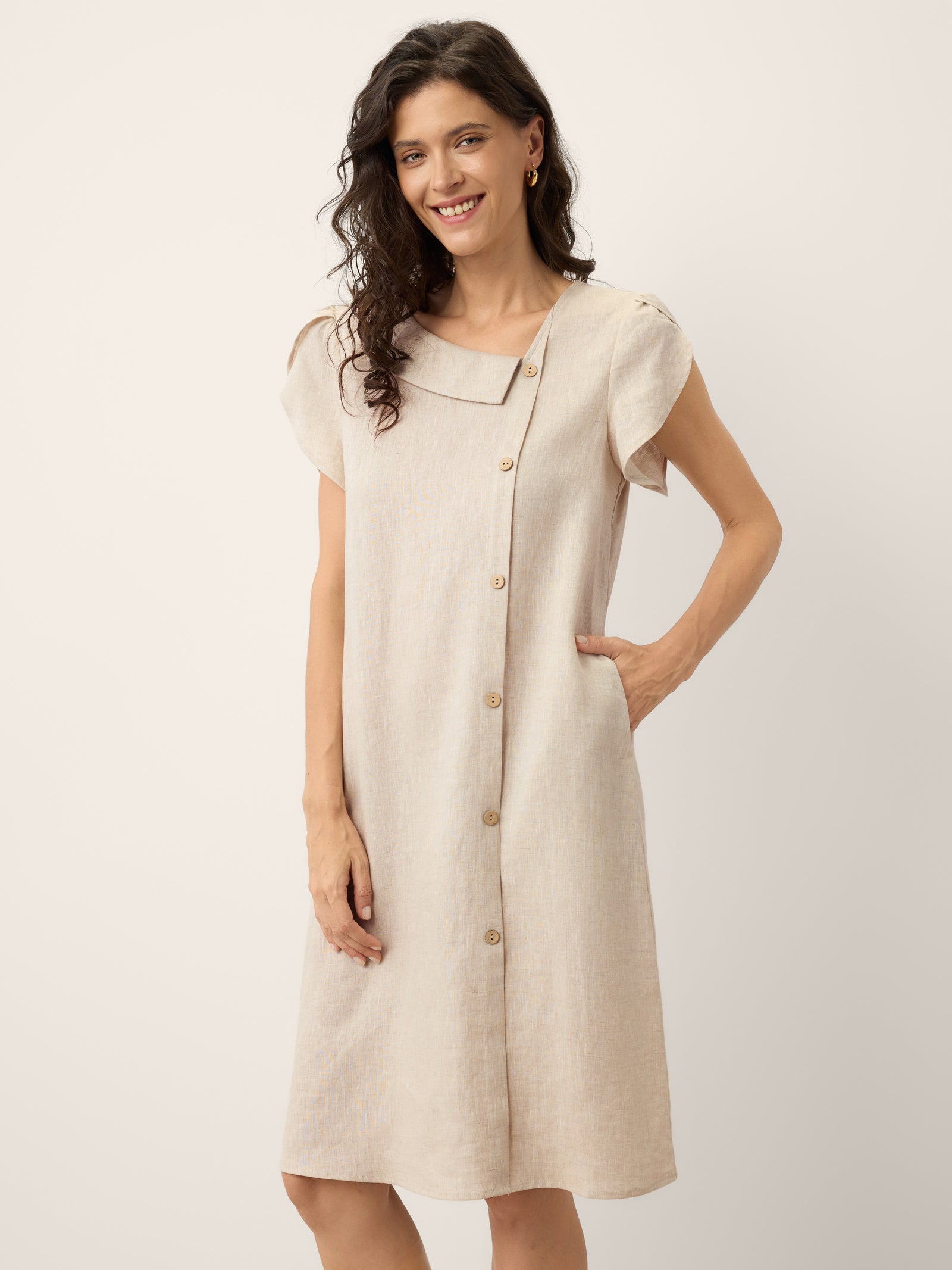 % Linen Crescent Collar Ruffle Sleeve Mini Dress THERESA