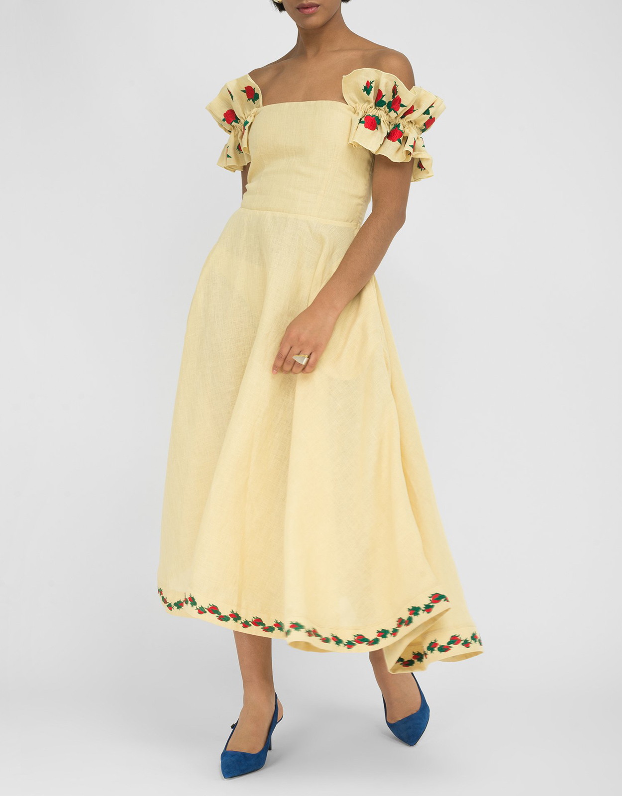 Fanm Mon Alanya Linen Off-the-Shoulder Embroidered Midi Dress-Light Yellow - IT