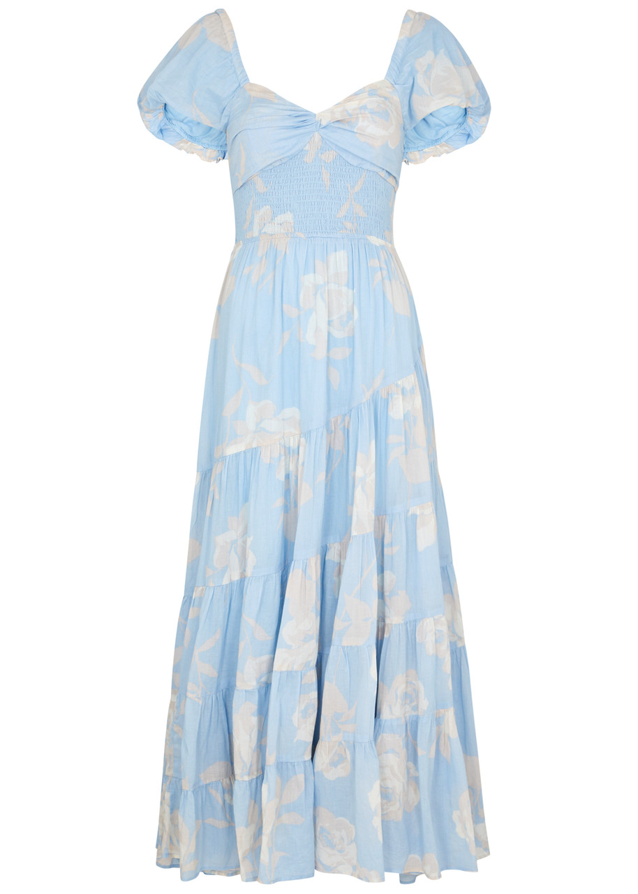 Free People Sundrenched Printed Cotton Maxi Dress - Blue - M - M