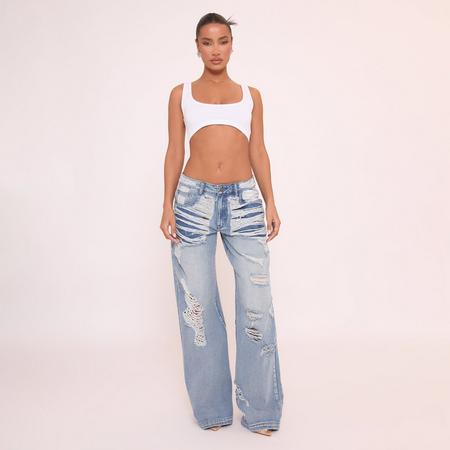 Extreme Low Rise Distressed Hem Detail Boyfriend Jeans In Blue Denim, Women's Size