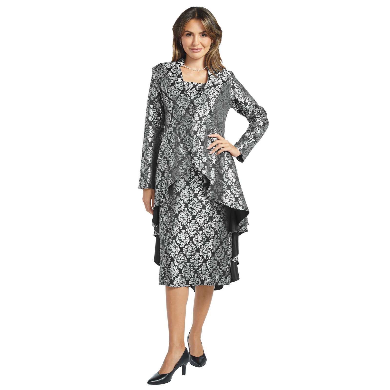 Masseys Jacquard High-Low Ruffle Jacket and Dress Suit Black Suits