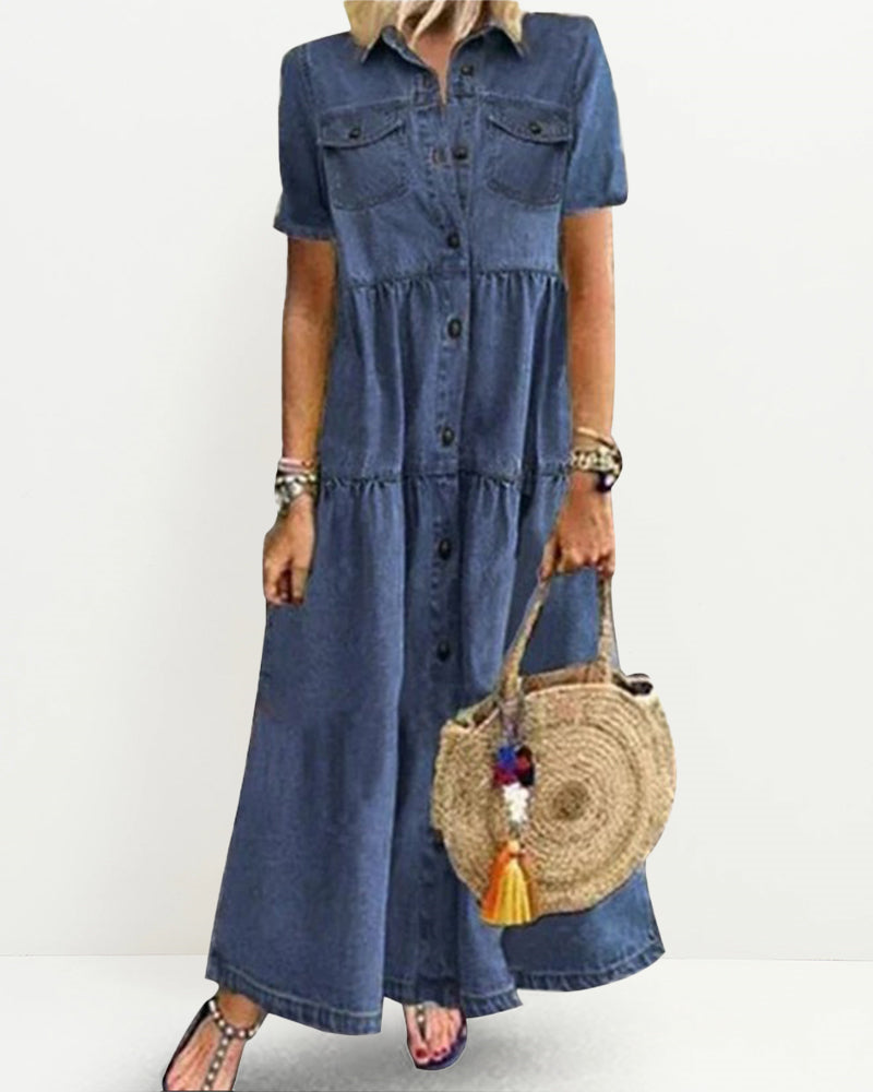 Vintage Denim Dress Short Sleeve Turn Down Collar Pockets Button Up Shift Summer Long Loose Dress - Blue