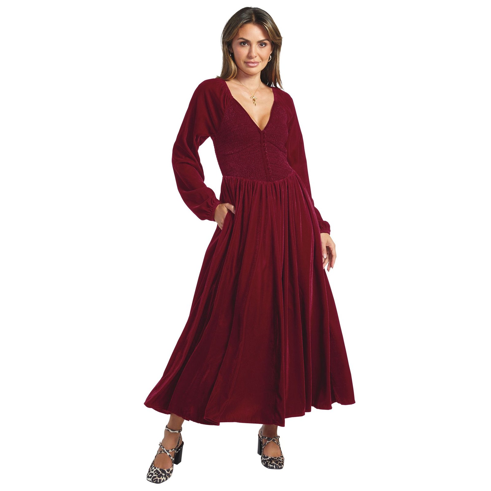 Masseys Velvet Long Sleeve Maxi Dress Burgundy Dresses X
